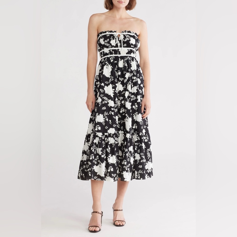 NWT Lush Strapless Black White Flowy Floral Tiered Midi Dress Women’s Medium